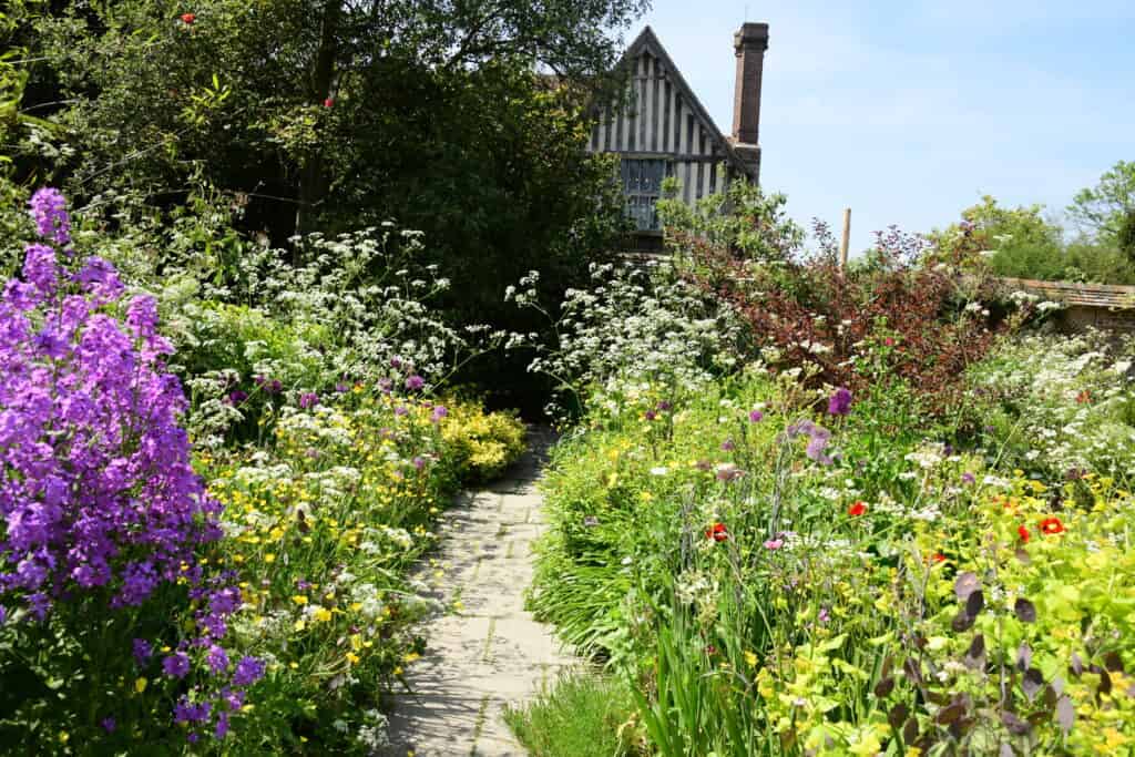 Ein steinerner Weg schlängelt sich durch einen üppigen, farbenfrohen Cottage-Garten, der an die Chelsea Flower Show erinnert, voller blühender Blumen und Grünpflanzen, und führt zu einem charmanten Haus mit einem Giebeldach, das teilweise im Hintergrund zu sehen ist.