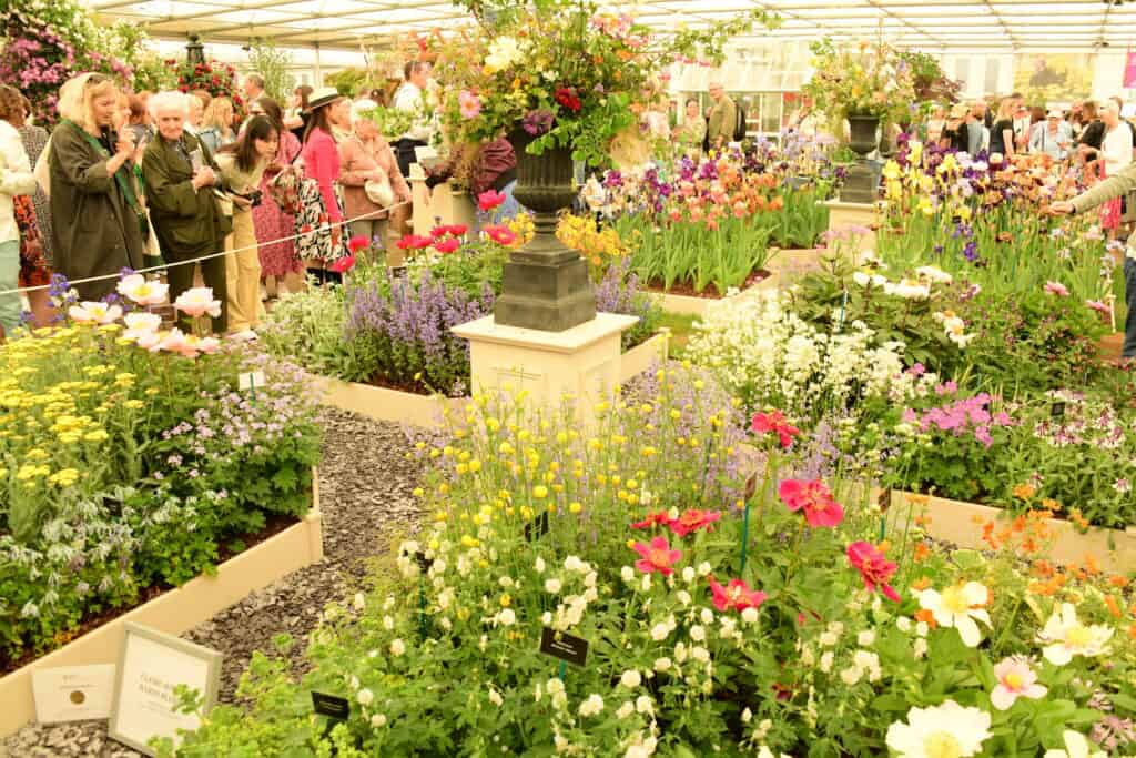 Eine Menschenmenge bewundert farbenfrohe Blumenausstellungen und -arrangements bei einer Indoor-Gartenausstellung, die an die Chelsea Flower Show erinnert, mit einer Vielzahl von blühenden Pflanzen in Hochbeeten und dekorativen Urnen unter einem großen Zelt.