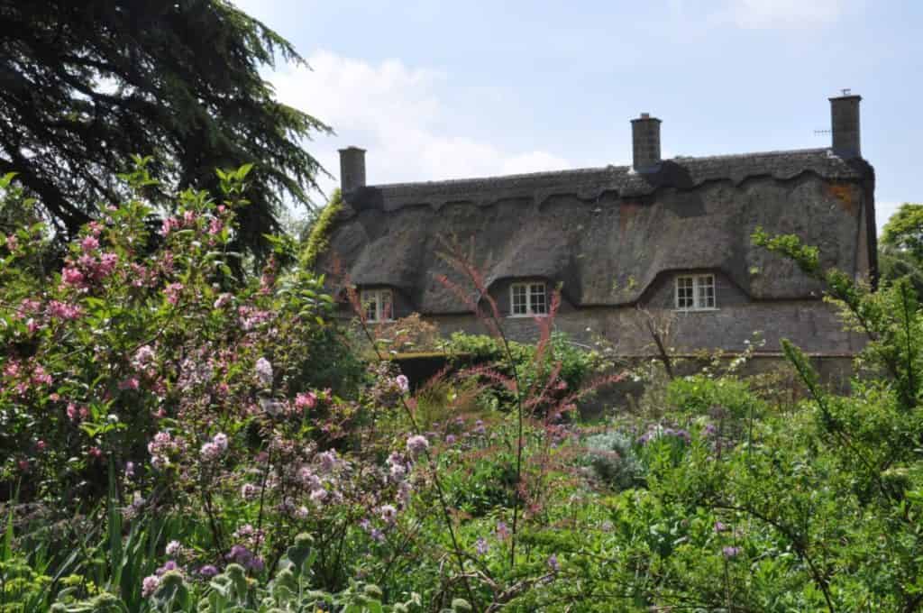 Ein bezauberndes Reetdachhaus liegt teilweise versteckt hinter einem üppigen, blühenden Garten mit verschiedenen Grünpflanzen und rosa Blumen unter einem hellen, teilweise bewölkten Himmel.