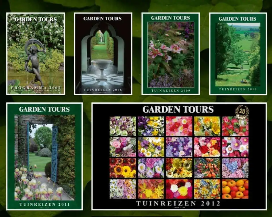 Die Titelseiten der Reisebroschüren von Garden Tours