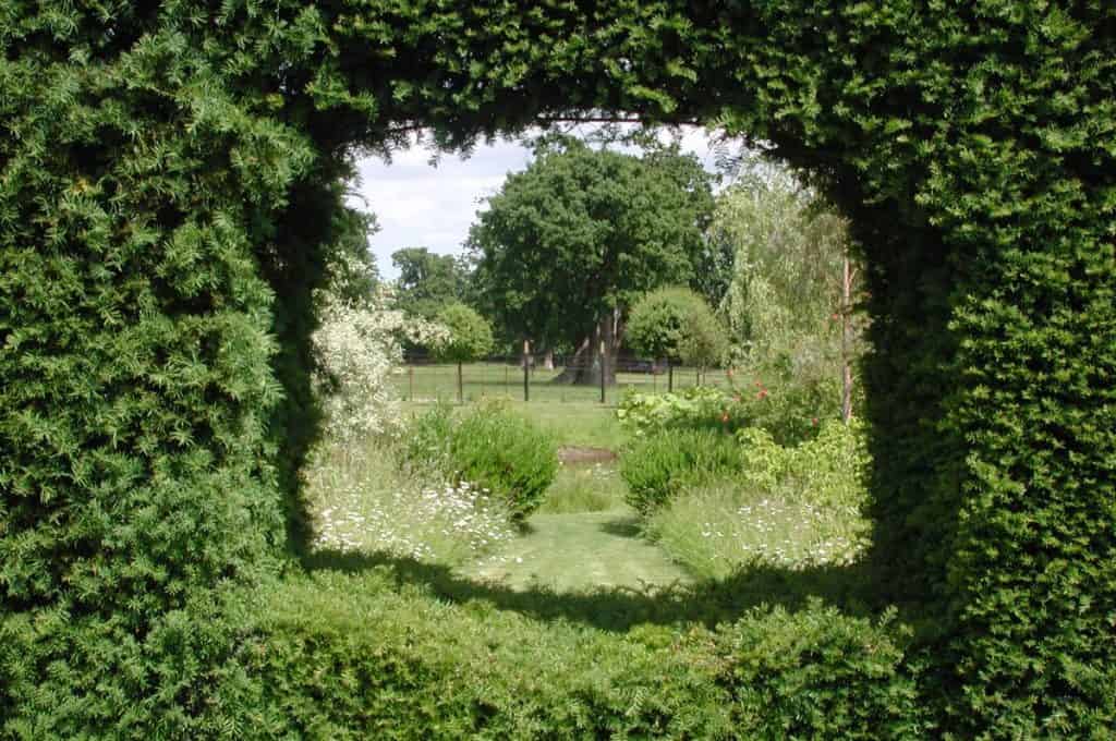 Durch eine große, kreisförmige Öffnung in einer Hecke blickt man auf einen üppigen grünen Garten mit Gras, Blumen und entfernten Bäumen unter einem teilweise bewölkten Himmel.