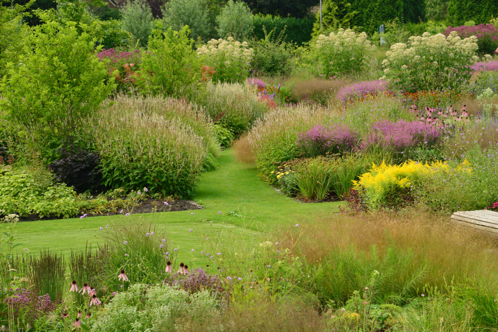 Ein üppiger Garten mit verschlungenen grünen Graswegen, umgeben von dichten Blumenbeeten mit bunten Blumen, Sträuchern und hohen Gräsern in verschiedenen Rosa-, Lila-, Gelb- und Grüntönen.